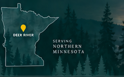 Map illustration locating Deer River within Minnesota; not a precise coverage boundary